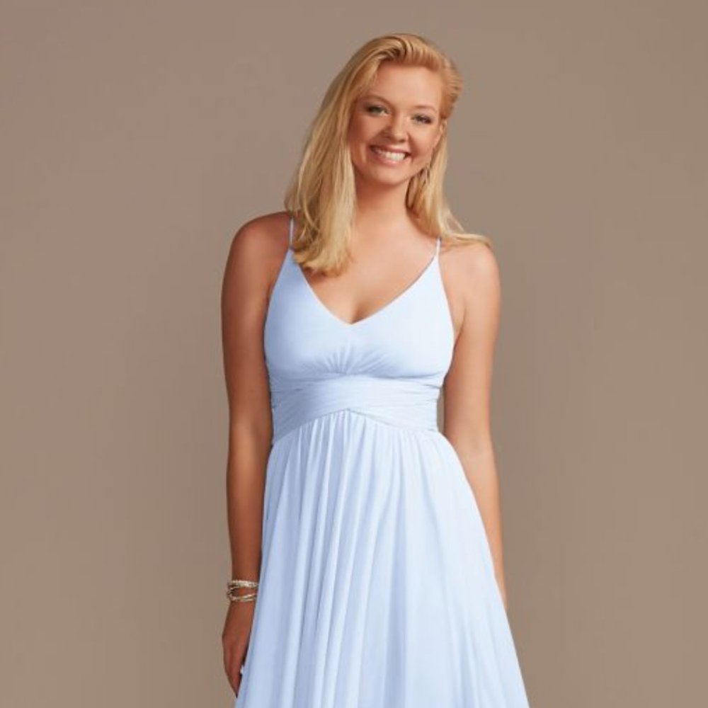 David’s Bridal Spaghetti Strap Cross Waist Bridesmaid Dress (Ice Blue)